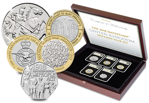 2018 UK Datestamp case 5 coins 300x208 - Revealed: The Royal Mint UK commemorative coin designs for 2018