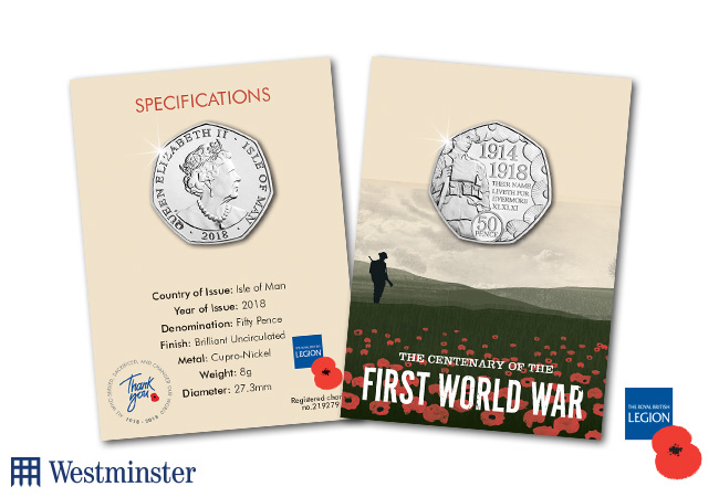 WWI Armistice RBL IOM CuNi BU 50p Coin Pack 2 - Every school child on the Isle of Man presented with very special 50p coin!