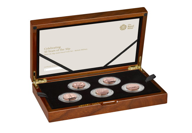 The 50th Anniversary of the 50p 2019 UK 50p Gold Proof Coin Collection military   right   UK195MGP - The 50 years of the 50p celebrations continue with a tribute to British military history