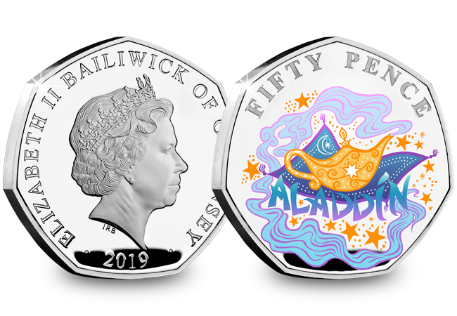LS Guernsey 50p Pantomime Coin Aladdin Both Sides - Curtains Up! FIVE Brand New Christmas Panto 50p Coins revealed...