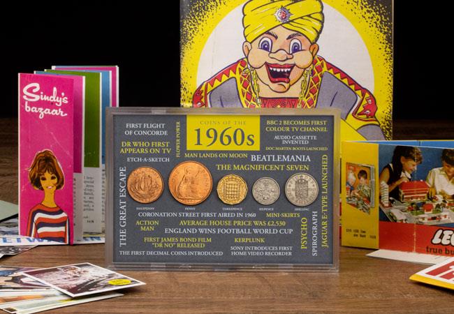 ls uk 1960 coins in frame with replica memorabilia lifestyle 2 - Six icons we owe to the Sixties