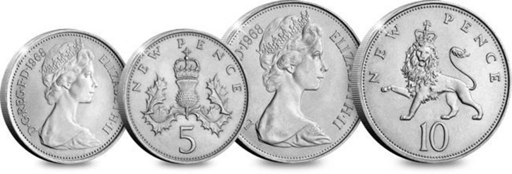 st uk 1968 first decimalisation 10p and 5p coins comaprison 1024x348 - Six icons we owe to the Sixties