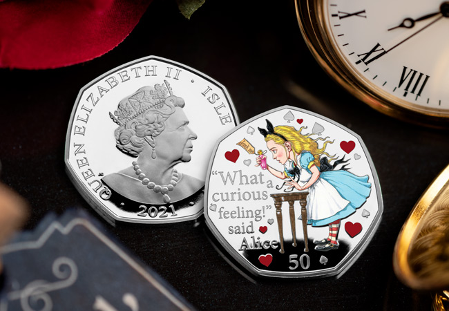 LS 2021 IOM Alice in wonderland silver proof with colour print lifestyle both sides - Fall down the rabbit hole and discover the BRAND NEW Alice’s Adventures in Wonderland 50ps…
