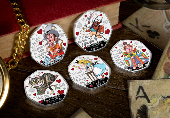 LS 2021 IOM Alice in wonderland silver proof with colour print set lifestyle - Fall down the rabbit hole and discover the BRAND NEW Alice’s Adventures in Wonderland 50ps…