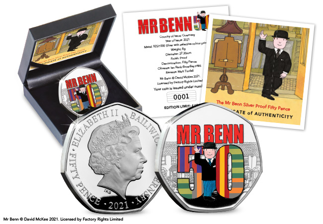 Mr Benn 50th Anniversary Silver Proof 50p Coin Product Images Coin with Packaging - As if by magic…Mr Benn 50p coins appeared!