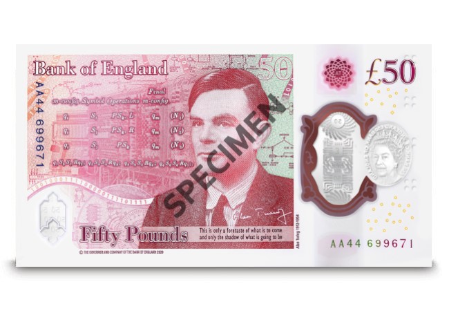 The back of the £50 banknote showing Alan Turing's portrait with artwork which celebrates Turing’s pioneering mathematics and work with computers.