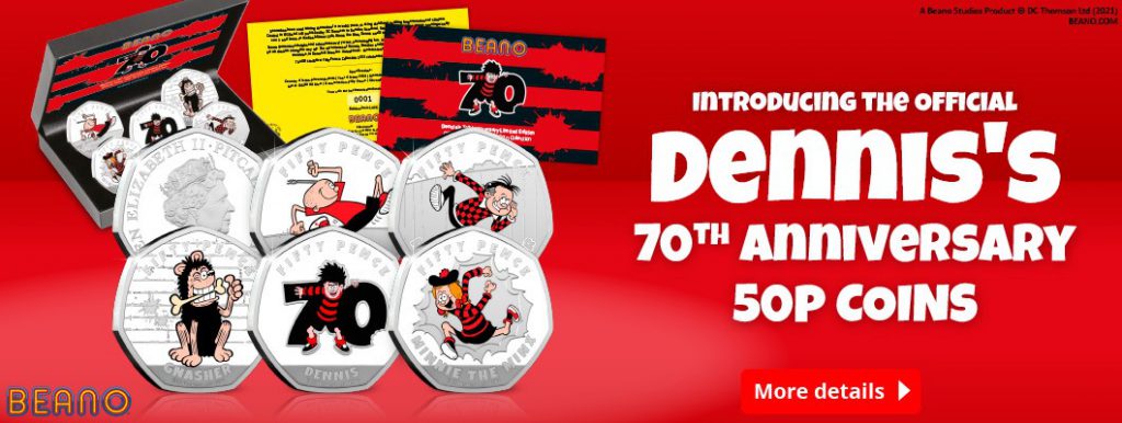 DN 2021 Beano Dennis BU Silver colour 50p homepage banners 2 1024x386 - NEW 50p coins celebrate 70 years of Beano’s® master of mischief…