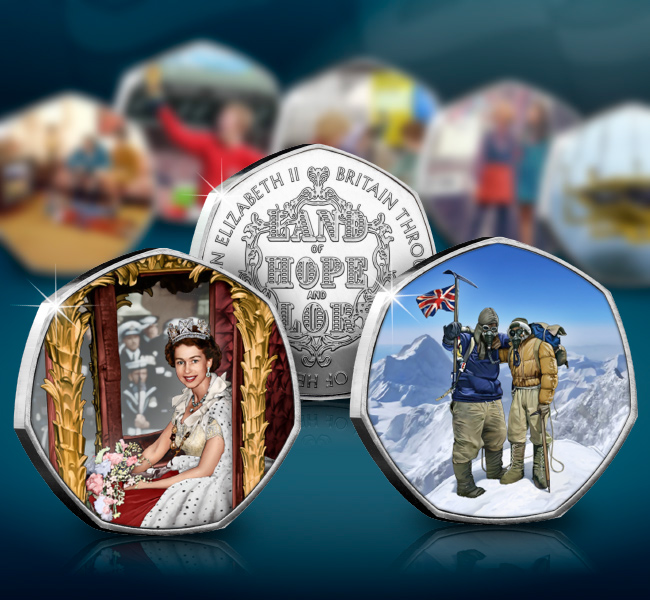 The commemoratives in the Land of Hope and Glory Collection with more commemoratives in the background