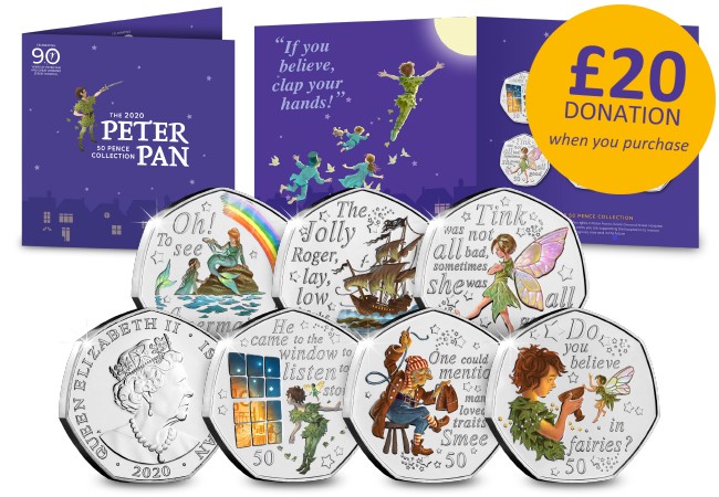 DN 2019 2020 IOM Peter Pan COLOUR BU 50p coins product images 1 with flash - Our Peter Pan 30 in 30 Campaign for Great Ormond Street Hospital Children’s Charity (GOSH Charity)