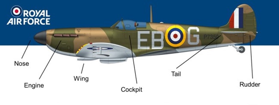 Diagram of the Spitfire Aircraft with labels to the Nose, Engine, Wing, Cockpit, Tail and Rudder