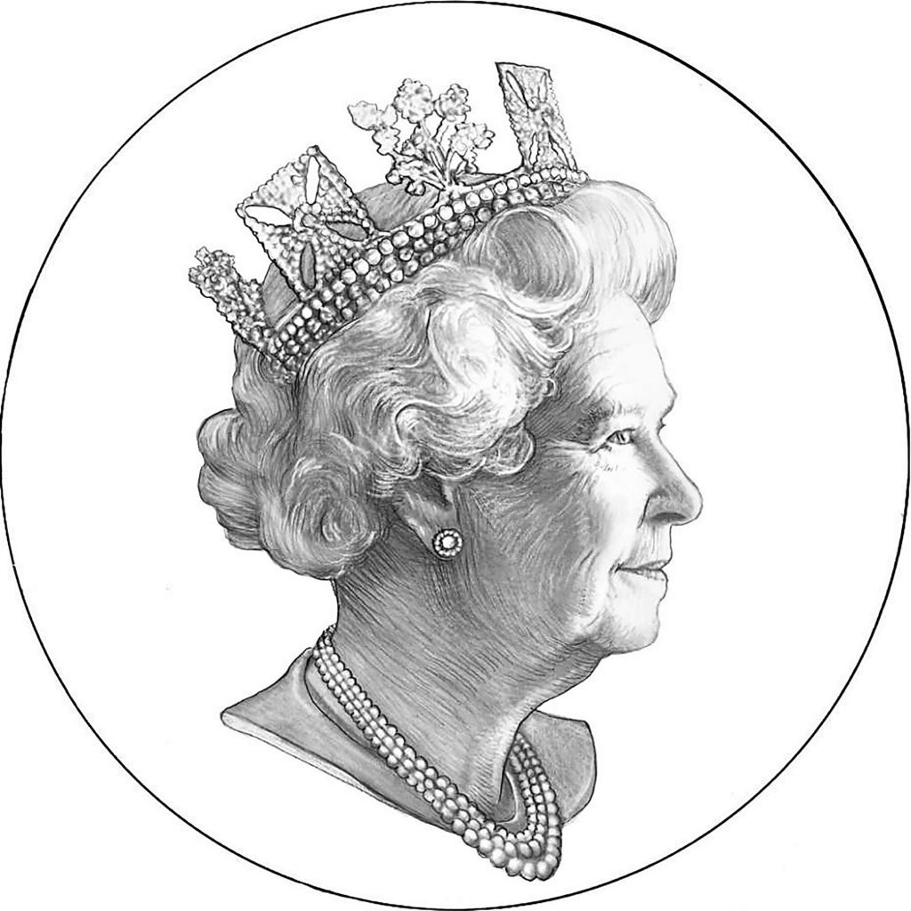 Black and white drawing of Her Majesty Queen Elizabeth II. 