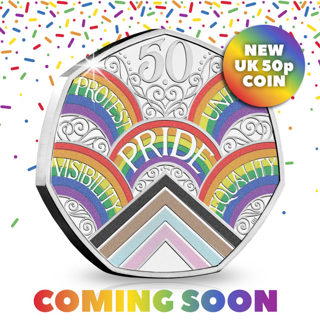 Pride 50p in front of a confetti background