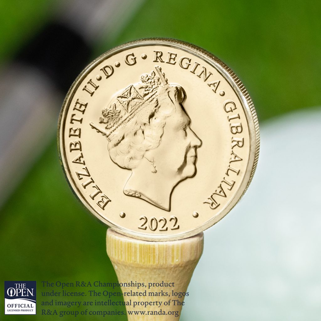 The 150th Open BU Round Pound Obverse on Golf Tee