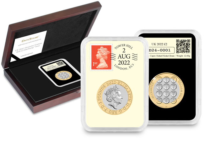 UK 2022 Alexander Graham Bell BU 2 DateStamp in capsules with display box behind - Pioneer of the telephone Alexander Graham Bell celebrated on a new UK £2 coin