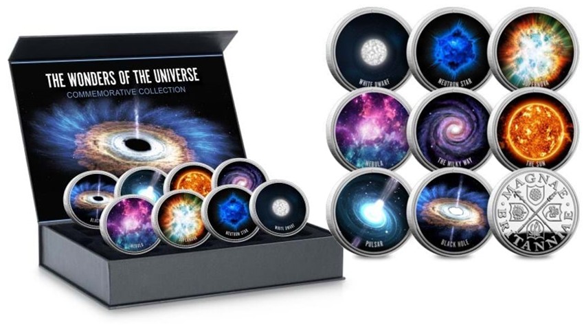 This is an image of eight round medals with different designs depicting entities found in the universe. A boxed set of these commemoratives is to the left.