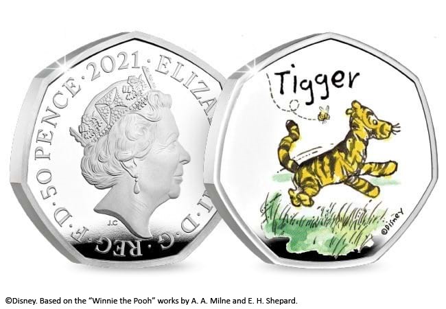 2021 UK Tigger Silver Proof 50p obverse and reverse.
Reverse (to the right) shows Tigger (coloured yellow and black), bouncing on all four legs, off green grass and yellow bumblebee buzzing above his head. The Inscription reads: 'Tigger' and Disney copyright.
The obverse (to the left) shows the fifth portrait of Her Majesty QEII by Jody Clark and the inscription: 'REG. F. D. 50 PENCE. 2020. ELIZABETH II' circling the portrait.