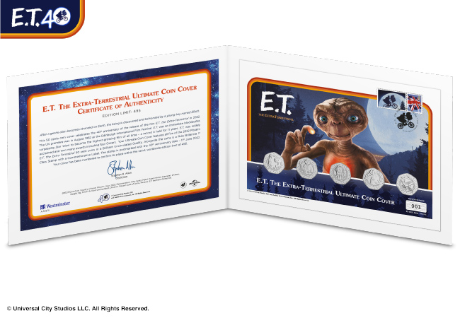 PHONE HOME! E.T. The Extra-Terrestrial brought to life on FIVE Brand New Coins E.T. BU 50 Cent Coin Cover in White Folder - PHONE HOME! E.T. The Extra-Terrestrial brought to life on FIVE Brand New Coins