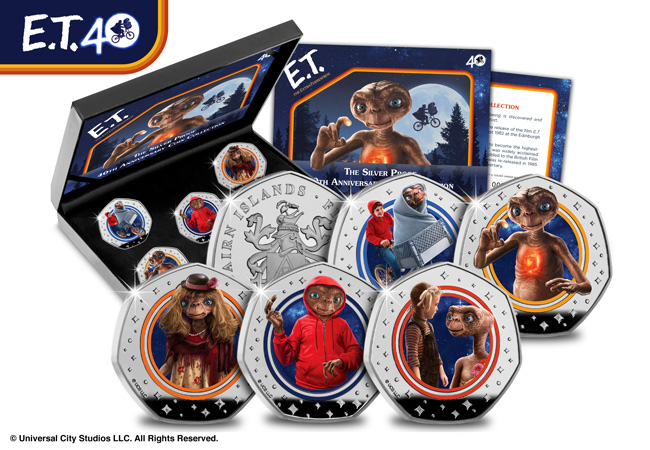 PHONE HOME! E.T. The Extra-Terrestrial brought to life on FIVE Brand New Coins E.T. Silver 50 Cent Colour Set Reverses and Obverse with Display Box in Background - PHONE HOME! E.T. The Extra-Terrestrial brought to life on FIVE Brand New Coins