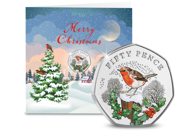 Celebrate a Traditional Christmas with the NEW limited edition 50ps – just released for the festive season! BU Colour Christmas 50p Robin Christmas Card with Reverse in Front - Celebrate a Traditional Christmas with the NEW limited edition 50ps – just released for the festive season!