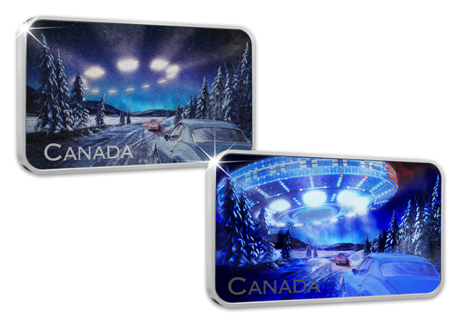 Yukon Encounter Rev with and without UV light - Discover the secrets of Canada&#8217;s unexplained phenomena with the BRAND-NEW 1oz Silver coin!
