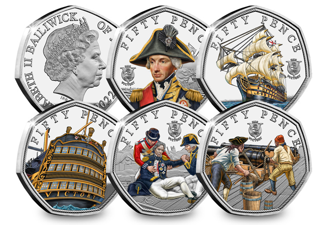 2022 Jersey HMS VICTORY SILVER with Colour 50ps ALL - The 50p coins that walked in Nelson’s footsteps