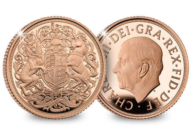 An image of the obverse and reverse design of the UK 2022 Queen Elizabeth II Memorial Gold Sovereign.