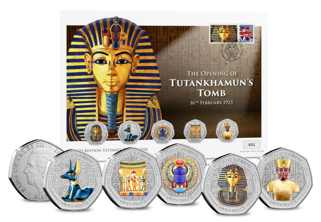 Artefacts and treasures found within King Tutankhamun's Tomb are represented in vivid colour print.