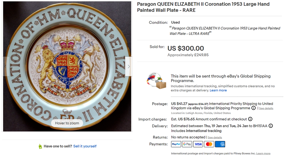 eBay sold listing for Paragon Coronation Hand Painted Wall Plate