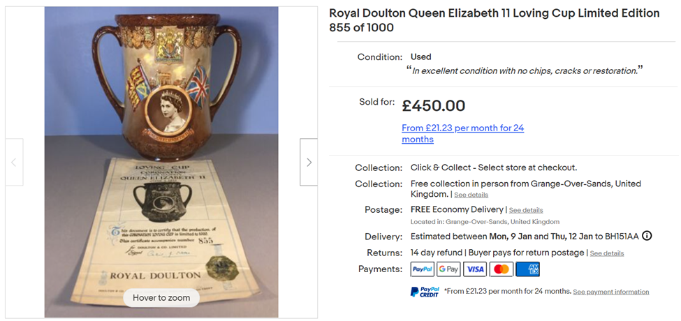 eBay sold listing for Royal Doulton 1953 Queen Elizabeth II Loving Cup