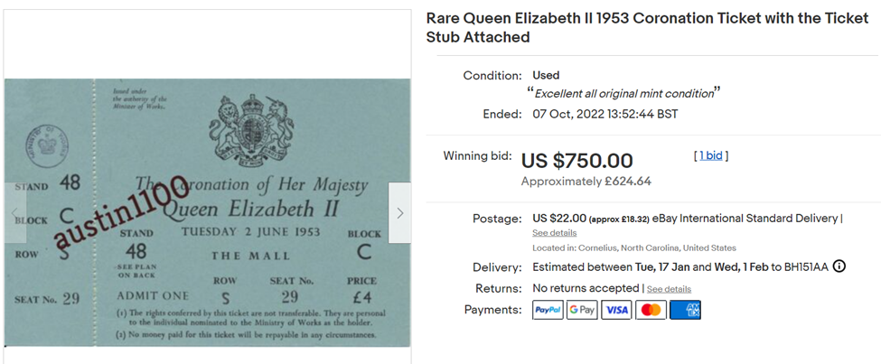 eBay sold listing for Queen Elizabeth II 1953 Coronation Ticket