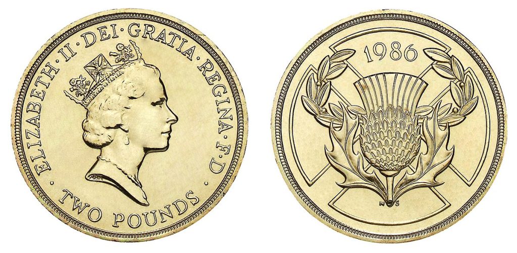 Raphael Maklouf's portrait of Queen Elizabeth II on the 1986 Commemorative £2. Source: Wikimedia Commons.