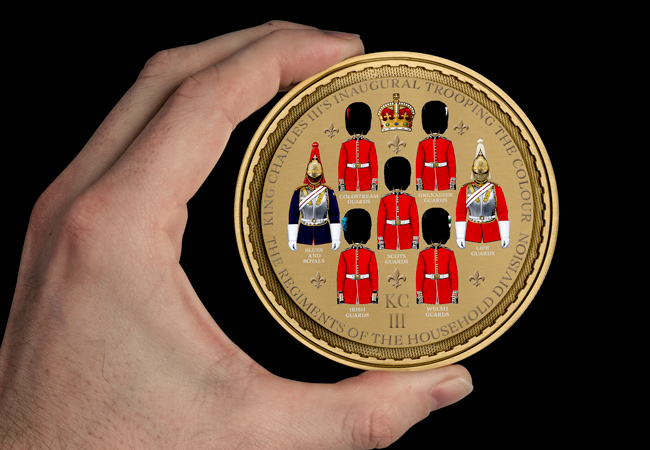 Trooping the Colour 100mm Medal in Hand 02 1 - Introducing the SUPERSIZE commemorative issued to celebrate King Charles III’s Inaugural Trooping the Colour ceremony