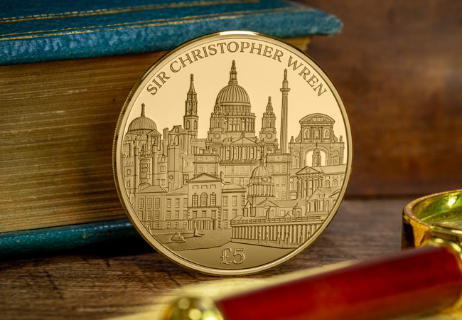 Sir Christopher Wren Gold 5 Lifestyle 01 - Wren&#8217;s Wonders in Precious Metal: The Captivating Sir Christopher Wren £5 Coin Range