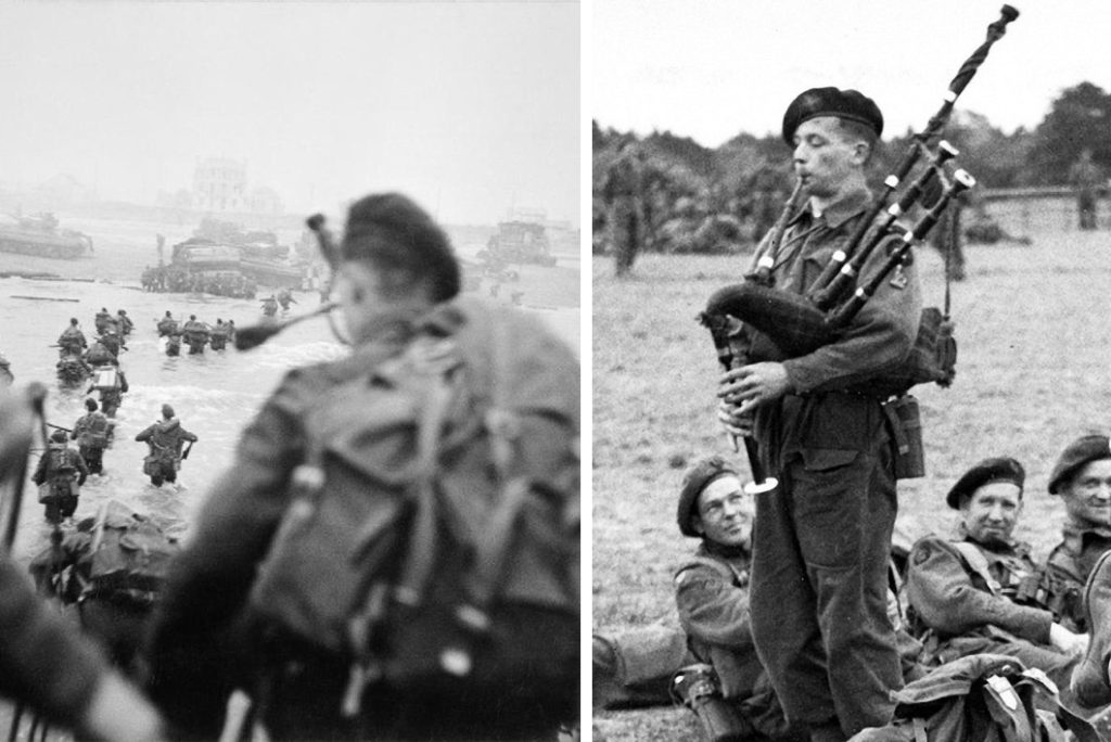 John millin on beach 1024x684 - The Legendary Piper of D-Day: Bill Millin&#8217;s Story