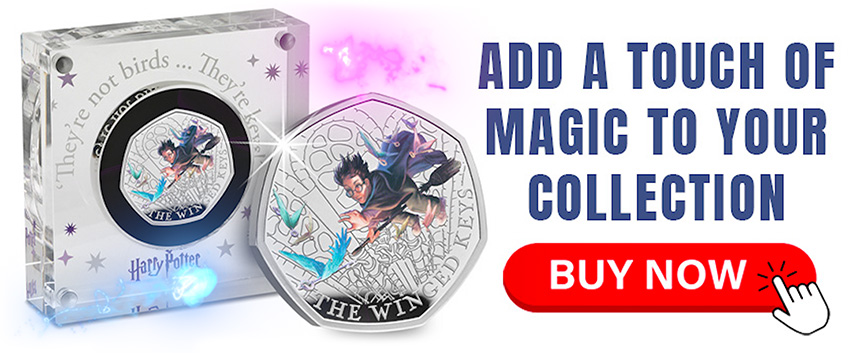 Image of the Silver Proof Harry Potter Winged Keys 50p coin, with text reading Add a touch of magic to your collection. Buy Now!