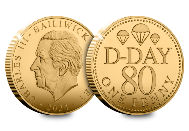 D Day 80th Gold Penny Obv Rev - The Gold Pennies being parachuted out of an original WWII Dakota