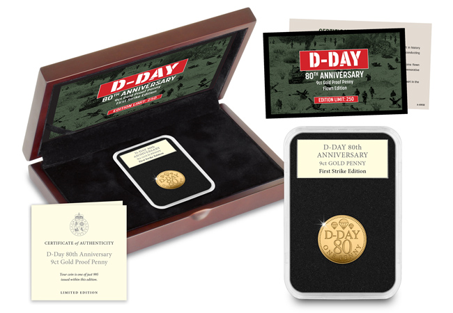 D Day 80th Gold Penny Whole Product with Flown Cert - The Gold Pennies being parachuted out of an original WWII Dakota