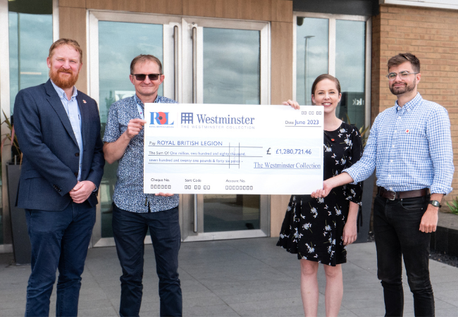 Celebrating 20 Years of Partnership between The Royal British Legion & The Westminster Collection RBL cheque - Celebrating 20 Years of Partnership between The Royal British Legion & The Westminster Collection