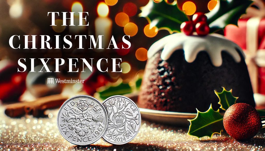 DALL·E 2024 10 17 10.24.51 A festive Christmas pudding with a coin peeking out celebrating the British tradition of hiding a sixpence in the pudding. The pudding is dark and ri 1024x585 - The Sixpence: A Christmas Tradition Reimagined