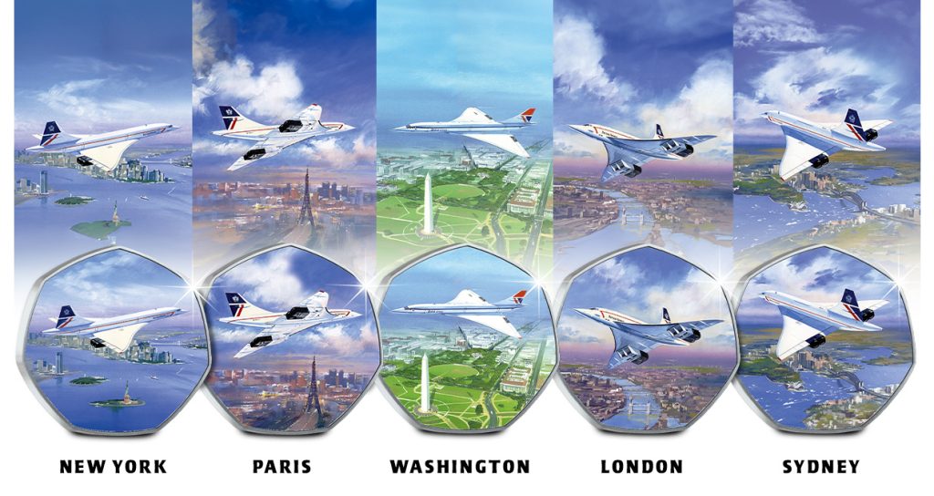 All coins 1 1024x544 - Artwork by Renowned Aviation artist Tim O’Brien recommissioned for NEW Limited Edition Concorde Set