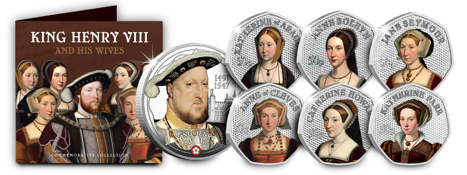 All coins - Step into Tudor History: The Wives of Henry VIII Colour BU 50p Set – Limited Edition, 70% Sold!