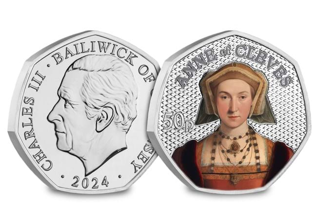 henry viii wives bu colour 50p set anne of cleves obv rev - Step into Tudor History: The Wives of Henry VIII Colour BU 50p Set – Limited Edition, 70% Sold!