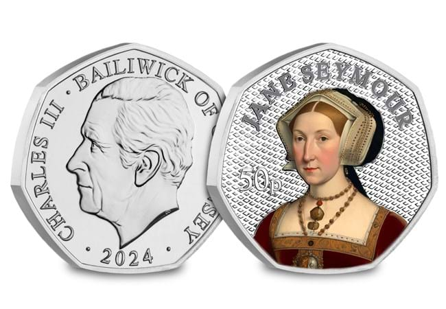 henry viii wives bu colour 50p set jane seymour obv rev 1 - Step into Tudor History: The Wives of Henry VIII Colour BU 50p Set – Limited Edition, 70% Sold!