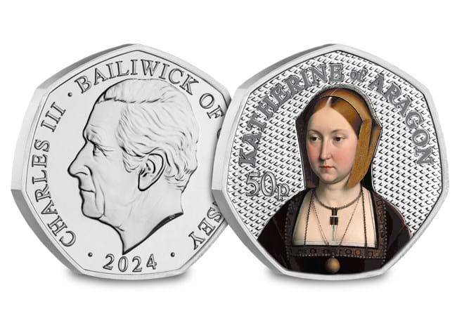 Step into Tudor History: The Wives of Henry VIII Colour BU 50p Set – Limited Edition, 70% Sold! henry viii wives bu colour 50p set katherine of aragon obv rev 1 1 - Step into Tudor History: The Wives of Henry VIII Colour BU 50p Set – Limited Edition, 70% Sold!