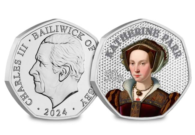 henry viii wives bu colour 50p set katherine parr obv rev 1 - Step into Tudor History: The Wives of Henry VIII Colour BU 50p Set – Limited Edition, 70% Sold!