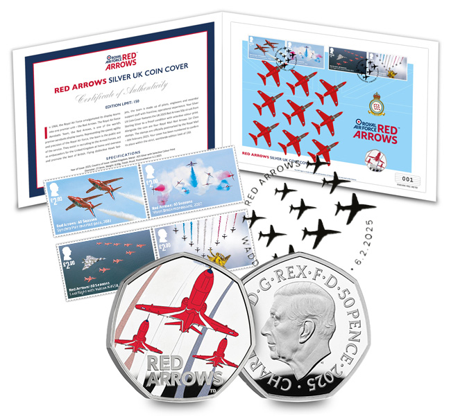 UK 2025 RAF Red Arrows silver proof cover - Red Arrows 50p Coin Collection: A Tribute to Britain’s Iconic Aerobatic Team