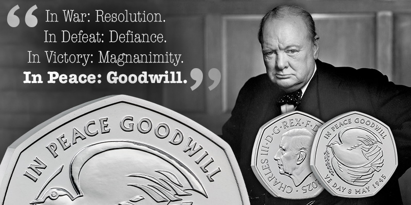 peace dove ve day coin drawing winston churchill - VE-DAY 50p Coin 