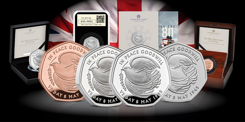 peace dove ve day coin range - VE-DAY 50p Coin 
